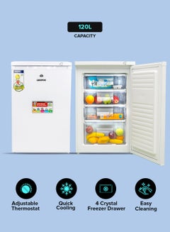 120L Gross/ 85L Net Capacity Upright Freezer With Tropical Compressor, No Fan, Recessed Handle, Lock & Key, 4 Crystal Freezer Drawers, Adjustable Thermostat, 100% HCF & FCKW Free, Inside Condensor 0 W GRFU1206 White - pnsku/N46962045A/45/_/1719319740/81a0e37a-91a3-454a-9247-13ac298d70b7