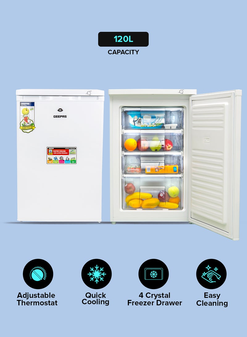 GEEPAS - 120L Gross/ 85L Net Capacity Upright Freezer With Tropical Compressor, No Fan, Recessed Handle, Lock & Key, 4 Crystal Freezer Drawers, Adjustable Thermostat, 100% HCF & FCKW Free, Inside Condensor 0 W GRFU1206 White - Image 1