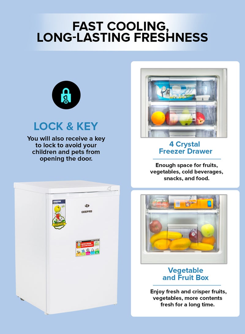 GEEPAS - 120L Gross/ 85L Net Capacity Upright Freezer With Tropical Compressor, No Fan, Recessed Handle, Lock & Key, 4 Crystal Freezer Drawers, Adjustable Thermostat, 100% HCF & FCKW Free, Inside Condensor 0 W GRFU1206 White - Image 1