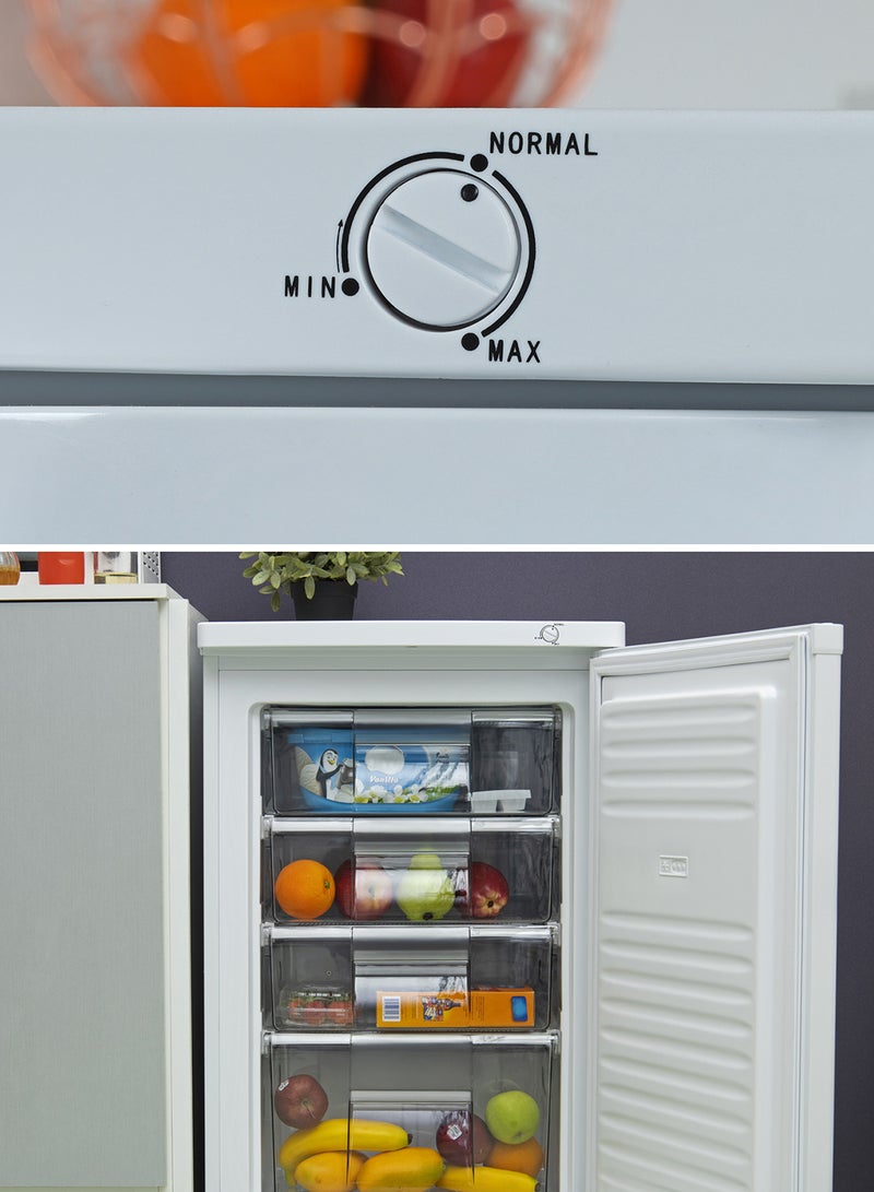 GEEPAS - 120L Gross/ 85L Net Capacity Upright Freezer With Tropical Compressor, No Fan, Recessed Handle, Lock & Key, 4 Crystal Freezer Drawers, Adjustable Thermostat, 100% HCF & FCKW Free, Inside Condensor 0 W GRFU1206 White - Image 1