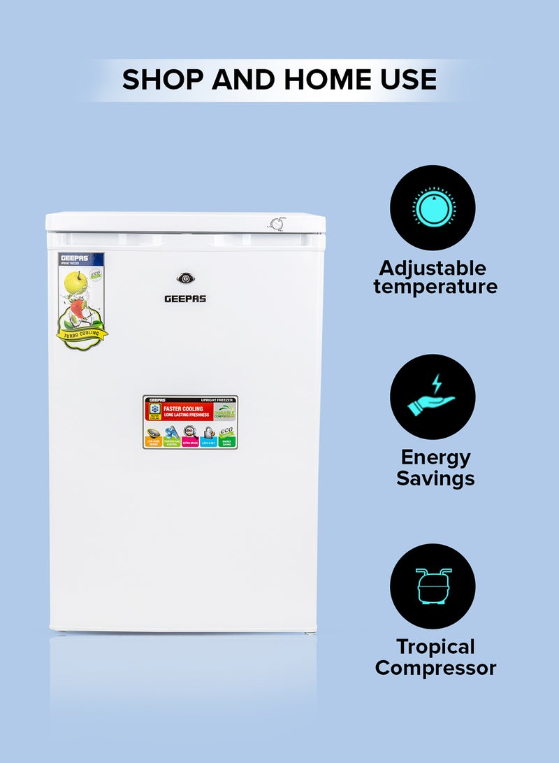 GEEPAS - 120L Gross/ 85L Net Capacity Upright Freezer With Tropical Compressor, No Fan, Recessed Handle, Lock & Key, 4 Crystal Freezer Drawers, Adjustable Thermostat, 100% HCF & FCKW Free, Inside Condensor 0 W GRFU1206 White - Image 1