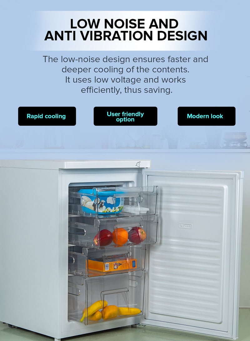 GEEPAS - 120L Gross/ 85L Net Capacity Upright Freezer With Tropical Compressor, No Fan, Recessed Handle, Lock & Key, 4 Crystal Freezer Drawers, Adjustable Thermostat, 100% HCF & FCKW Free, Inside Condensor 0 W GRFU1206 White - Image 1