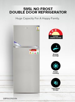 595L Gross/465L Net Capacity No Frost Double Door Refrigerator| With Inverter Compressor, Interior LED Lighting, Multi Air Flow, Stainless Steel Finish, Recessed Handle, Chrome Bottle Holder & Chiller Shelves, Glass Shelves, Freezer- 100L capacity 0 W GRF6021SSXN Silver - pnsku/N46962046A/45/_/1715076405/8f9970ee-3a67-4f04-a868-83edf8080099