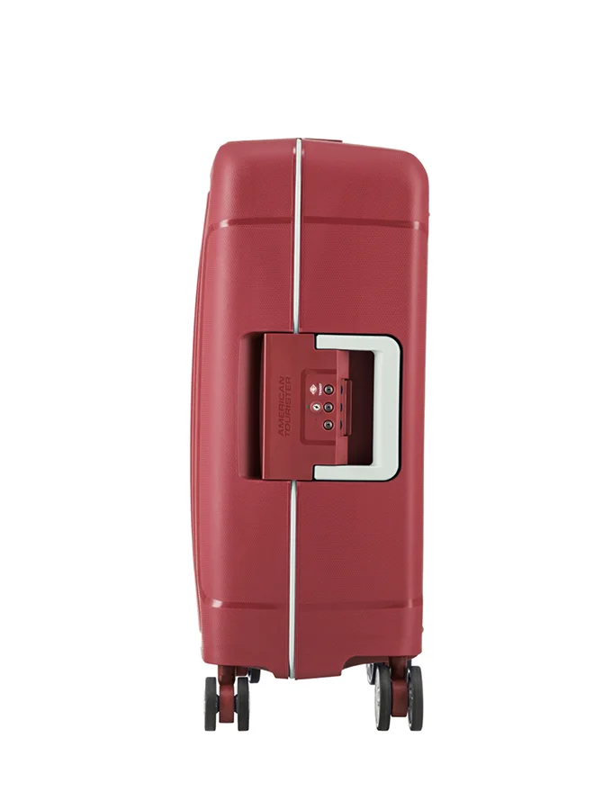 AMERICAN TOURISTER Tribus Suitcase, Cabin Size 55 cm / 20 inch, 4 Spinner Wheels, Hard Top, Polypropylene, Red|Address Tag|TSA Lock|Dual Tube Pull Handle|Scratch Resistant Texture|XtraSecu™ 3-Point Locking System - 3 Years International Warranty