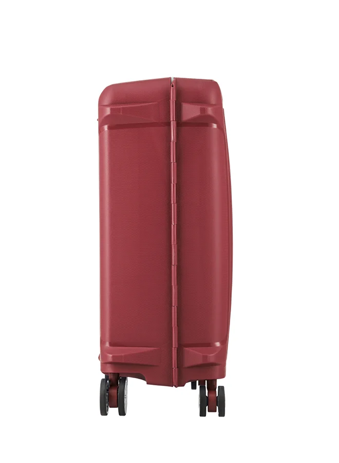 American Tourister red Tribus Suitcase, Cabin Size 55 cm / 20 inch, 4 Spinner Wheels, Hard Top, Polypropylene, Red|Address Tag|TSA Lock|Dual Tube Pull Handle|Scratch Resistant Texture|XtraSecu™ 3-Point Locking System - 3 Years International Warranty Red  | Best Price UAE