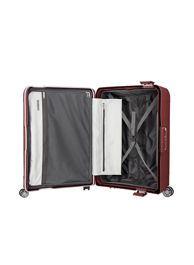 American Tourister red Tribus Suitcase, Cabin Size 55 cm / 20 inch, 4 Spinner Wheels, Hard Top, Polypropylene, Red|Address Tag|TSA Lock|Dual Tube Pull Handle|Scratch Resistant Texture|XtraSecu™ 3-Point Locking System - 3 Years International Warranty Red  | Best Price UAE