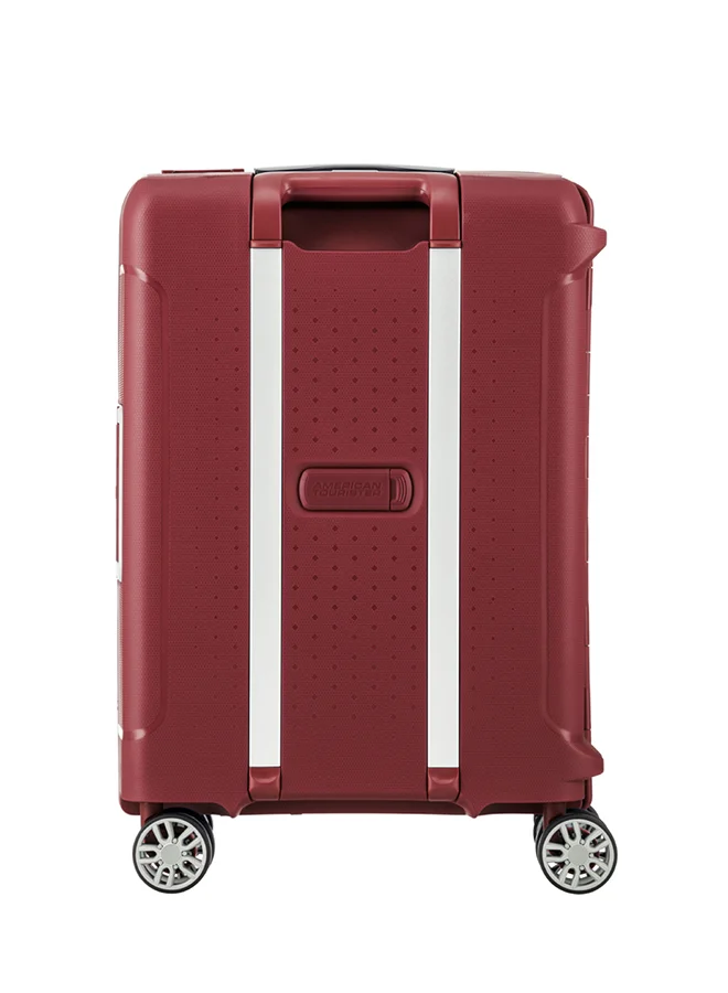 American Tourister red Tribus Suitcase, Cabin Size 55 cm / 20 inch, 4 Spinner Wheels, Hard Top, Polypropylene, Red|Address Tag|TSA Lock|Dual Tube Pull Handle|Scratch Resistant Texture|XtraSecu™ 3-Point Locking System - 3 Years International Warranty Red  | Best Price UAE