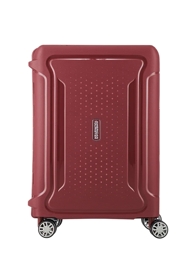 American Tourister red Tribus Suitcase, Cabin Size 55 cm / 20 inch, 4 Spinner Wheels, Hard Top, Polypropylene, Red|Address Tag|TSA Lock|Dual Tube Pull Handle|Scratch Resistant Texture|XtraSecu™ 3-Point Locking System - 3 Years International Warranty Red  | Best Price UAE