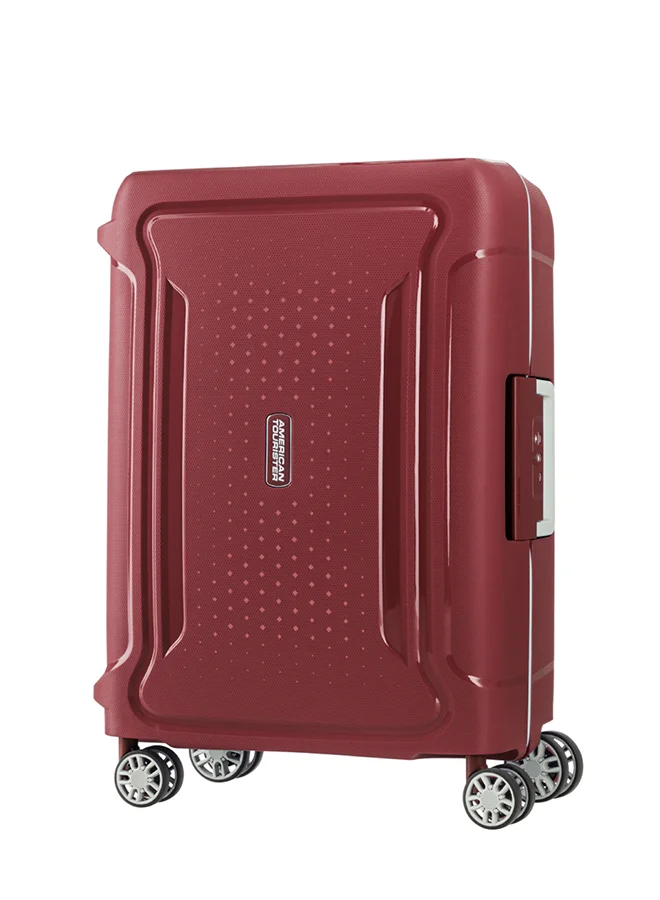 American Tourister red Tribus Suitcase, Cabin Size 55 cm / 20 inch, 4 Spinner Wheels, Hard Top, Polypropylene, Red|Address Tag|TSA Lock|Dual Tube Pull Handle|Scratch Resistant Texture|XtraSecu™ 3-Point Locking System - 3 Years International Warranty Red  | Best Price UAE