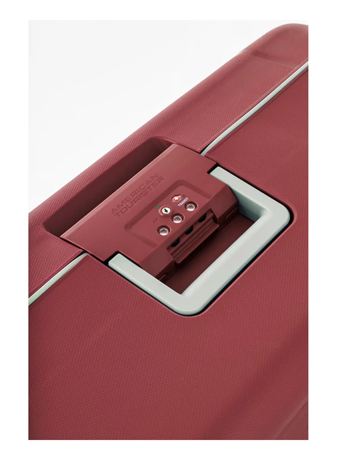 American Tourister red Tribus Suitcase, Cabin Size 55 cm / 20 inch, 4 Spinner Wheels, Hard Top, Polypropylene, Red|Address Tag|TSA Lock|Dual Tube Pull Handle|Scratch Resistant Texture|XtraSecu™ 3-Point Locking System - 3 Years International Warranty Red  | Best Price UAE