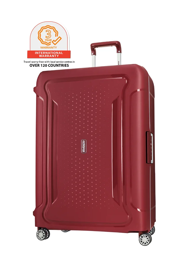 AMERICAN TOURISTER Tribus Suitcase, Check-In Size 78 cm / 29 inch, 4 Spinner Wheels, Hard Top, Polypropylene, Red|Address Tag|TSA Lock|Dual Tube Pull Handle|Scratch Resistant Texture|XtraSecu™ 3-Point Locking System - 3 Years International Warranty