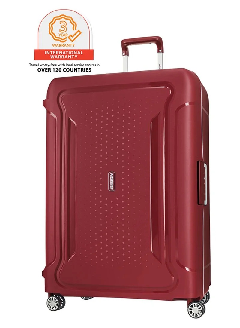 AMERICAN TOURISTER Tribus Suitcase, Check-In Size 78 cm / 29 inch, 4 Spinner Wheels, Hard Top, Polypropylene, Red|Address Tag|TSA Lock|Dual Tube Pull Handle|Scratch Resistant Texture|XtraSecu™ 3-Point Locking System - 3 Years International Warranty