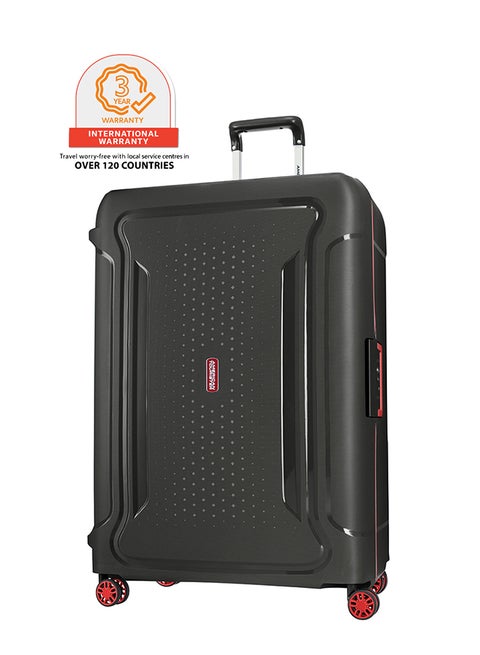 American Tourister Tribus Suitcase, Check-In Size 78 cm / 29 inch, 4 Spinner Wheels, Hard Top, Polypropylene, Dark Grey|Address Tag|Dual Tube Pull Handle|Scratch Resistant Texture|XtraSecu™ 3-Point Locking System - 3 Years Global Warranty Dark Grey