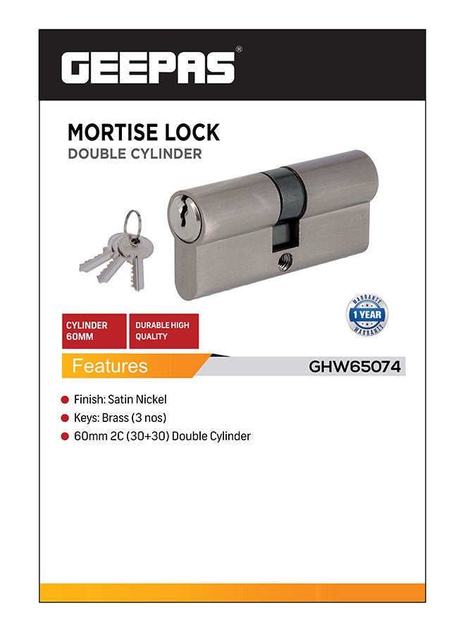 GEEPAS Mortise Double Cylinder Lock , 70mm Security Lock| Double Brass Cylinder 30/30mm with 3 Keys, Versatile, Safe, Durable, Easy To Install| Anti-Drill & Anti-Pick Door Lock | 60mm 2 Cylinder Silver/Black  - Image 4