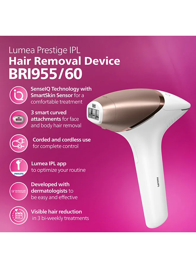 Philips Philips Lumea IPL, Hair Removal, 9000 Series, SenseIQ Technology, 3 Attachments, Body, Face, Precision, Cordless Use, BRI955/60, 60 Days Money Back Guarantee White/Rose Gold
