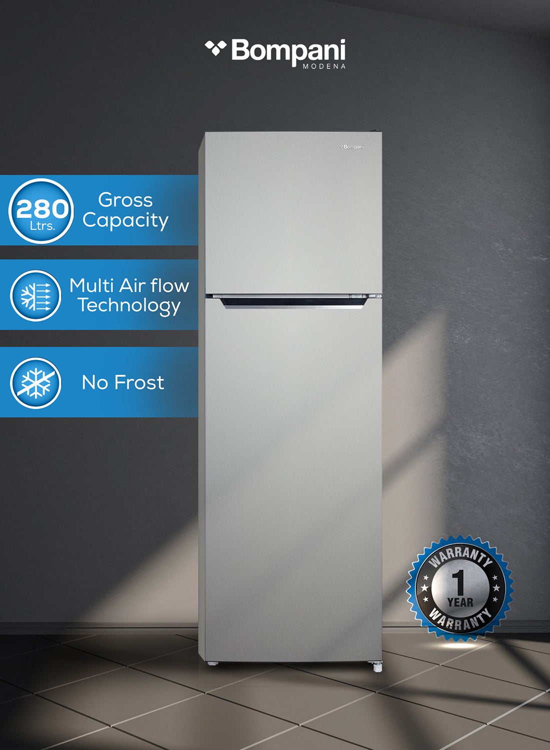 326L Double Door No Frost Refrigerator, With Big Ice Twister, Electronic Control System, Recessed Handle, End Edge Design, LED Light, 1 Year Full And 5 Year Compressor Warranty - BR280SSN Grey 