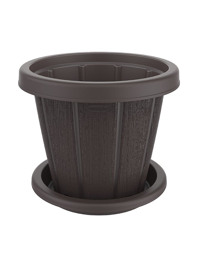 Cosmoplast Plastic Woodgrain Round Flowerpot with Tray Dark Brown  - Image 1