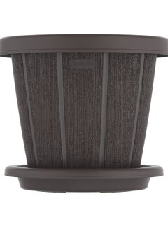 Cosmoplast Plastic Woodgrain Round Flowerpot with Tray Dark Brown  - Image 2