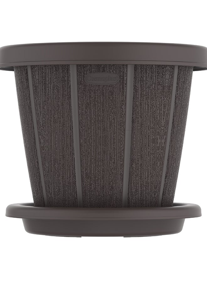 Cosmoplast Plastic Woodgrain Round Flowerpot with Tray Dark Brown  - Image 2