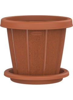 Cosmoplast Plastic Woodgrain Round Flowerpot with Tray Terracotta  - Image 1