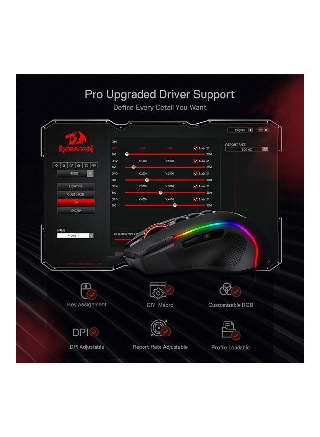 ريدراجون ماوس الألعاب M612 Predator RGB، ماوس ألعاب ضوئي سلكي بدقة 8000 نقطة في البوصة مع 9 أزرار قابلة للبرمجة و5 أوضاع بإضاءة خلفية، يدعم البرنامج زر إطلاق النار السريع لربط المفاتيح بنفسك - Image 3