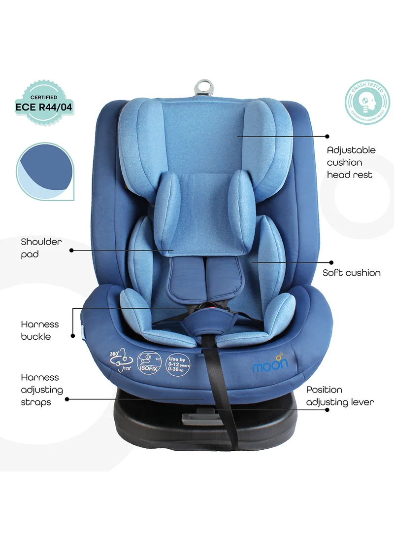 Moon Rover 360° Baby Car Seat – Group 0+/1/2/3 Convertible Travel Seat (0m–12y), Rear Facing 0–12m, Forward Facing 9m–12y, Safety Harness – Blue