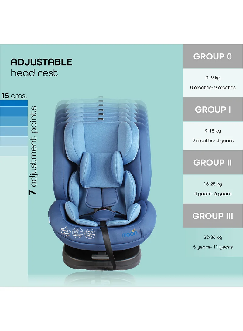 Moon Rover 360° Baby Car Seat – Group 0+/1/2/3 Convertible Travel Seat (0m–12y), Rear Facing 0–12m, Forward Facing 9m–12y, Safety Harness – Blue