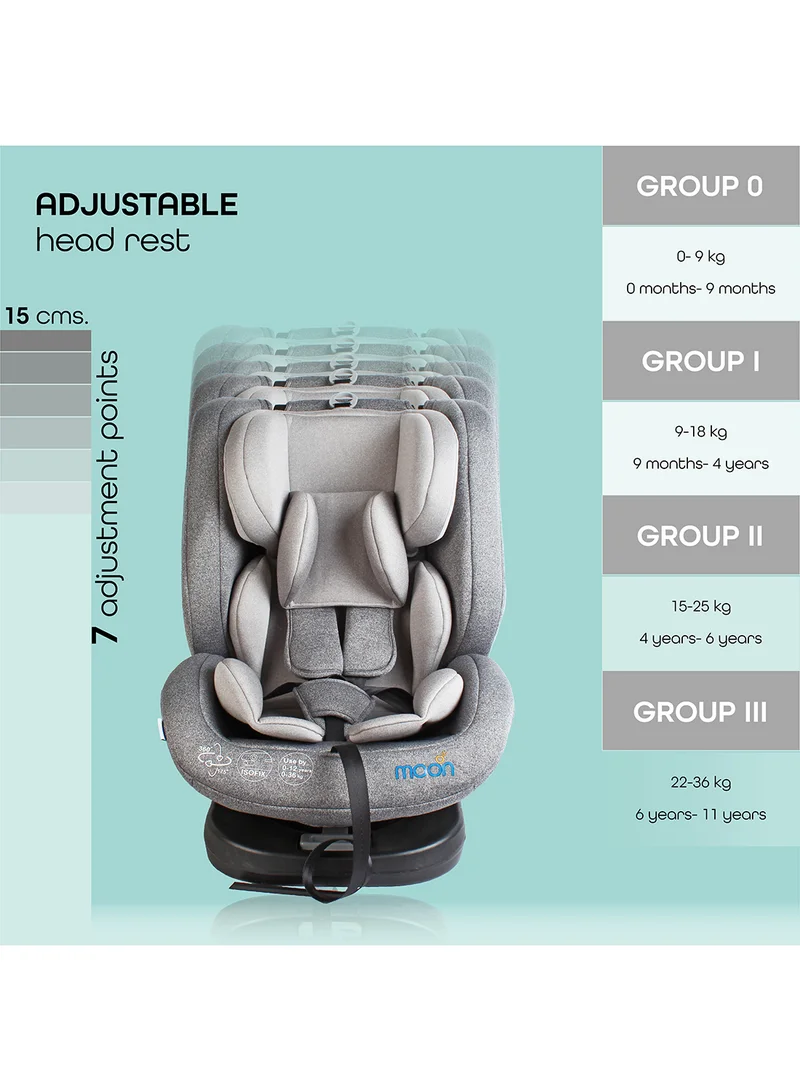 مون Rover 360° Baby Car Seat – Group 0+/1/2/3 Convertible Travel Seat (0m–12y), Rear Facing 0–12m, Forward Facing 9m–12y, Safety Harness – Grey