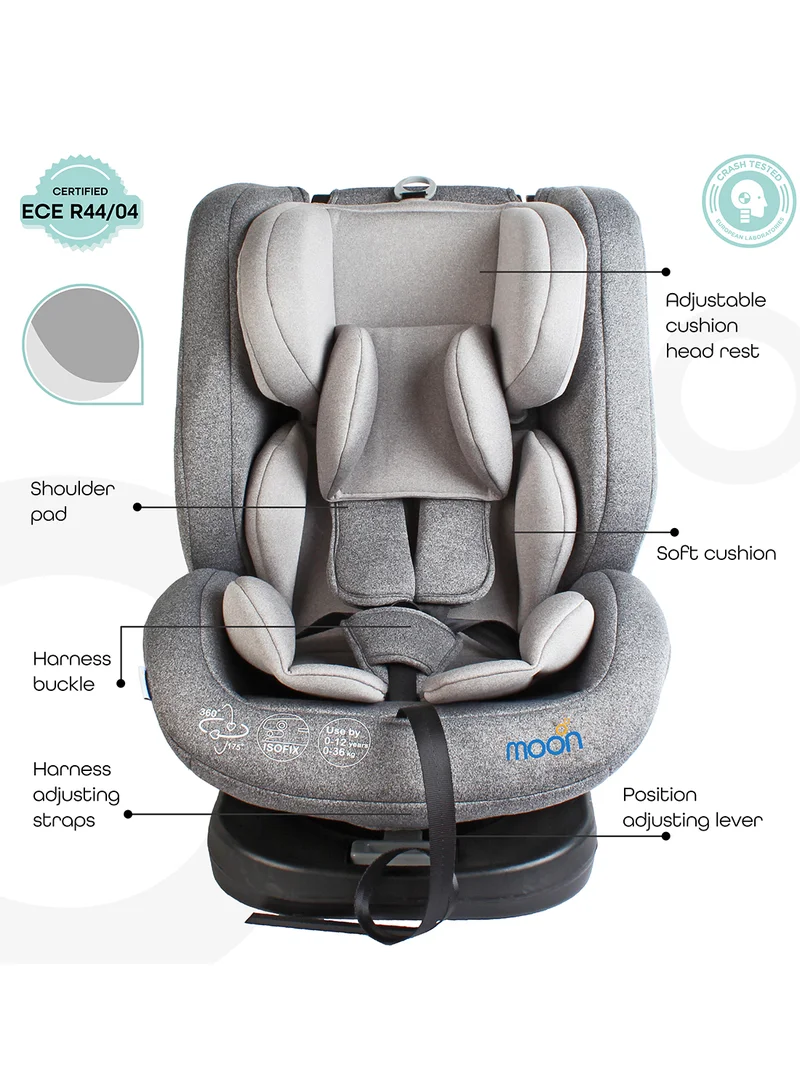 مون Rover 360° Baby Car Seat – Group 0+/1/2/3 Convertible Travel Seat (0m–12y), Rear Facing 0–12m, Forward Facing 9m–12y, Safety Harness – Grey