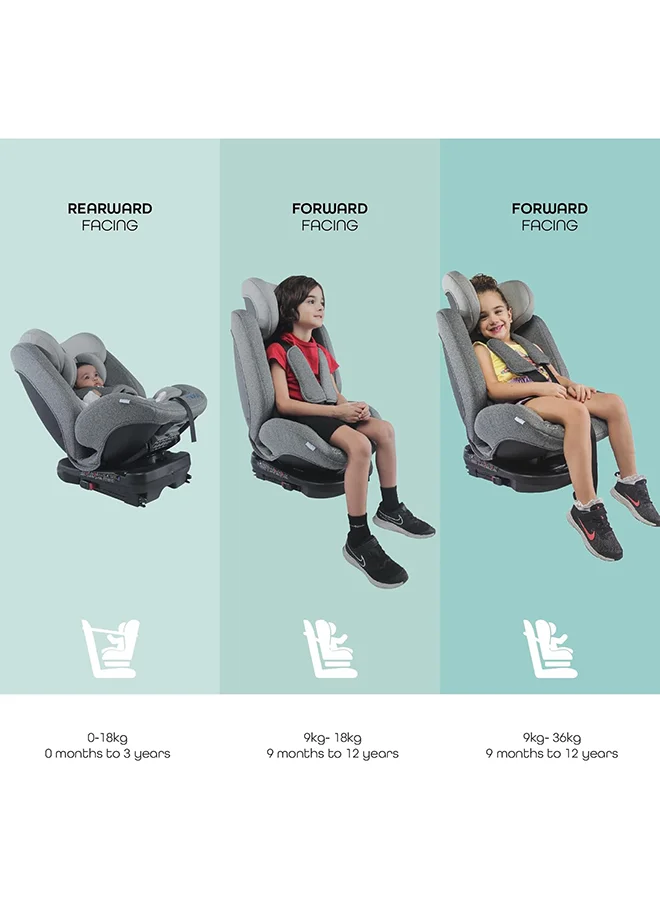 مون Rover 360° Baby Car Seat – Group 0+/1/2/3 Convertible Travel Seat (0m–12y), Rear Facing 0–12m, Forward Facing 9m–12y, Safety Harness – Grey