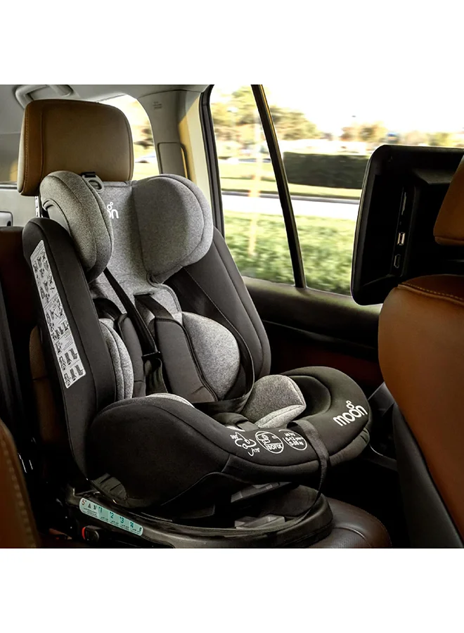 مون Rover 360° Baby Car Seat – Group 0+/1/2/3 Convertible Travel Seat (0m–12y), Rear Facing 0–12m, Forward Facing 9m–12y, Safety Harness – Grey