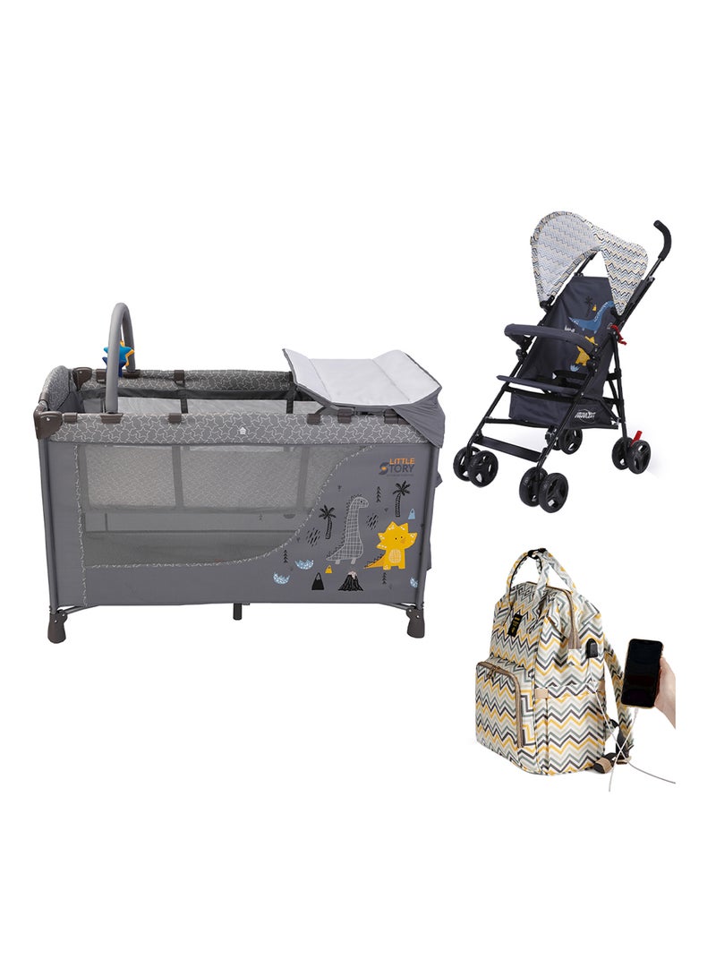 ليتيل ستوري سرير أطفال قابل للطي وساحة لعب، عربة أطفال ايكو لايت، حقيبة حفاضات متعددة الوظائف، مرتبة في الطابق الثاني، منظمات مخصصة، محطة تغيير قابلة للفصل، عجلات، حقيبة حمل، 0-36 شهر، أصفر مموج - Image 1