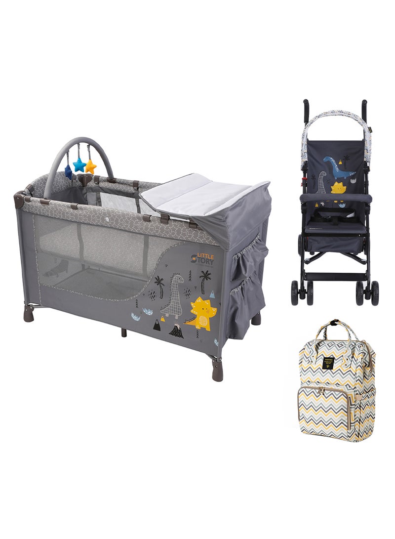 ليتيل ستوري سرير أطفال قابل للطي وساحة لعب، عربة أطفال ايكو لايت، حقيبة حفاضات متعددة الوظائف، مرتبة في الطابق الثاني، منظمات مخصصة، محطة تغيير قابلة للفصل، عجلات، حقيبة حمل، 0-36 شهر، أصفر مموج - Image 2