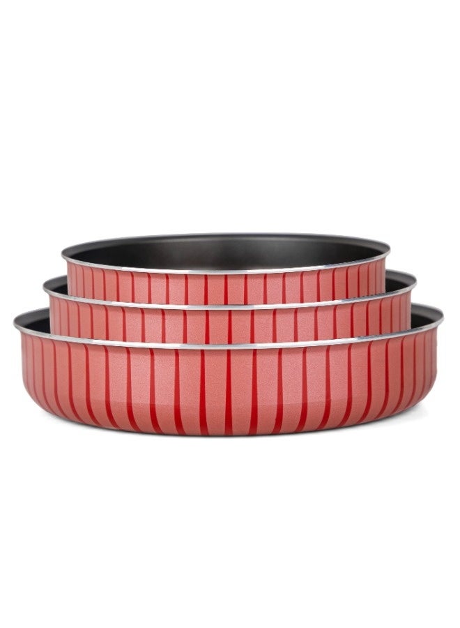 Bister 3-Piece Round Baking Oven Tray Set (24, 26, 28 cm) Red/Black – High-Quality Non-Stick Coated Metal Pans with Flat Bottom & Ribbed Exterior, Oven-Safe Bakeware for Cakes, Pies & Pizza Red & Black 24+26+28cm - Image 1