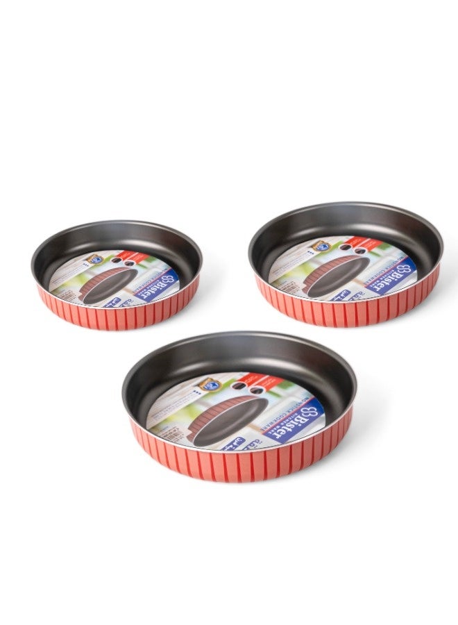 Bister 3-Piece Round Baking Oven Tray Set (24, 26, 28 cm) Red/Black – High-Quality Non-Stick Coated Metal Pans with Flat Bottom & Ribbed Exterior, Oven-Safe Bakeware for Cakes, Pies & Pizza Red & Black 24+26+28cm - Image 3