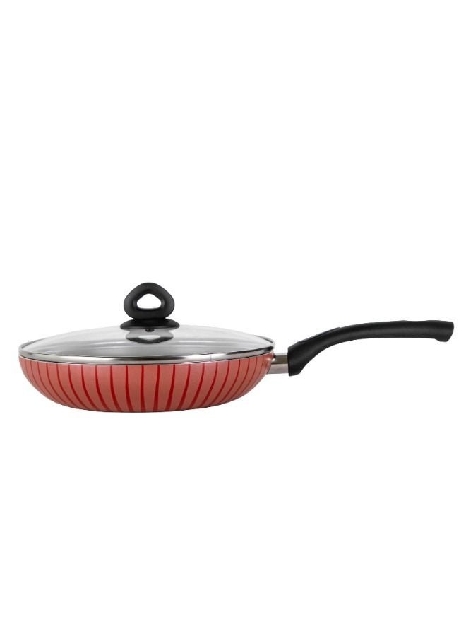 Bister Stripy Classy Frying Pan with Glass Lid 30 cm – High-Quality Non-Stick Red & Black Aluminum Cookware with Teflon Coating, Flat Bottom for Induction, Halogen & Gas Stoves Red & Black 30.0cm - Image 2
