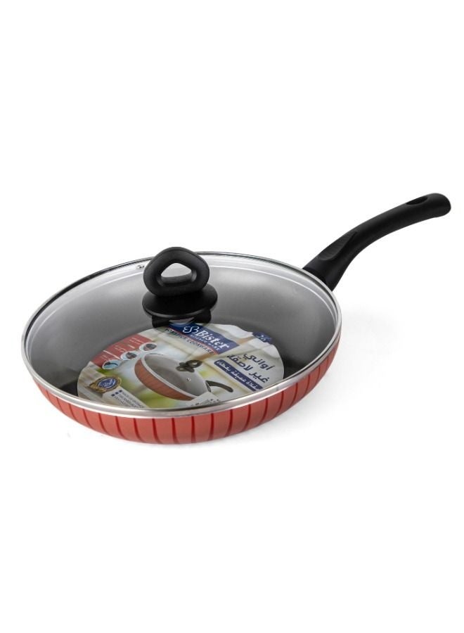 Bister Stripy Classy Frying Pan with Glass Lid 30 cm – High-Quality Non-Stick Red & Black Aluminum Cookware with Teflon Coating, Flat Bottom for Induction, Halogen & Gas Stoves Red & Black 30.0cm - Image 1