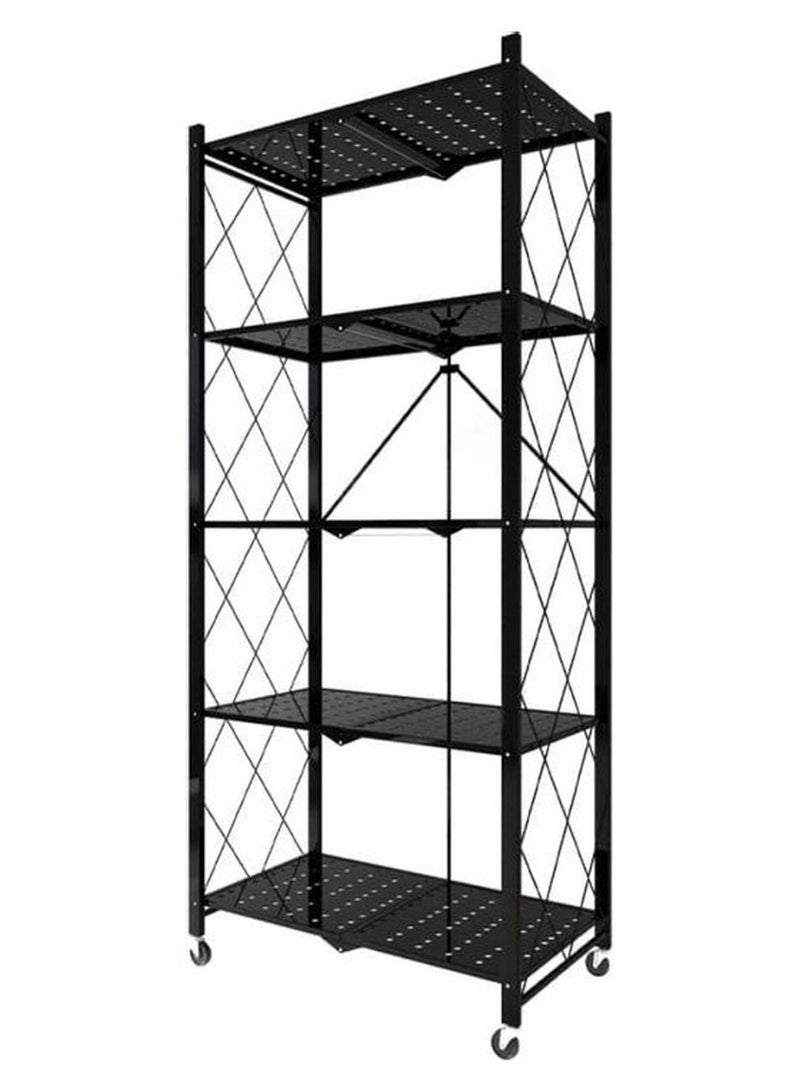 Toshionics 5 Tier Foldable Multipurpose Kitchen Storage Rack Shelf Unit With Wheel Black 160x38x71cm - Image 1