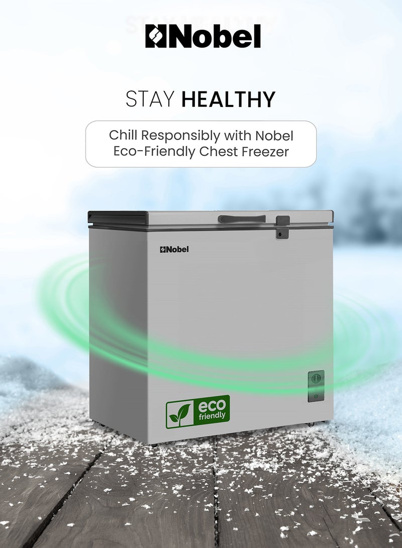 170L Gross Capacity Single Door Chest Freezer, R600a Refrigerant, Aluminum Inner Liner, Adjustable Thermostat, Outside Condenser, Roll Wheels, Energy Efficient Cooling Solution 220W - NCF171RH Silver 150 L 220 W NCF171RH Silver