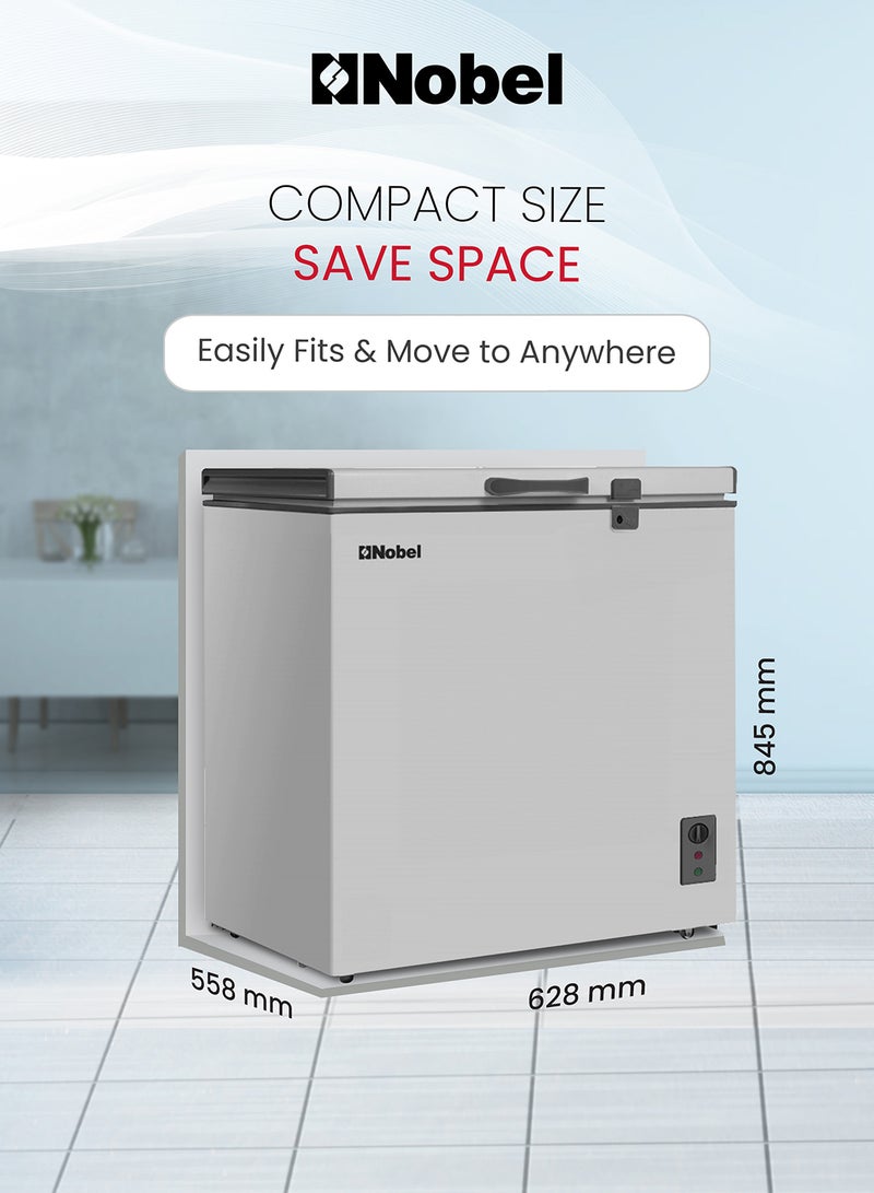 170L Gross Capacity Single Door Chest Freezer, R600a Refrigerant, Aluminum Inner Liner, Adjustable Thermostat, Outside Condenser, Roll Wheels, Energy Efficient Cooling Solution 220W - NCF171RH Silver 150 L 220 W NCF171RH Silver