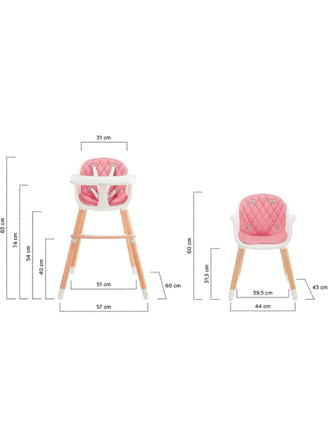 Kinderkraft Highchair Sienna, Baby Chair, Ergonomic, Easy To Clean, Wooden Legs, Non - Slip Pads, Removable Tray, For Toddler, From 6 Month To 5 Years, Pink