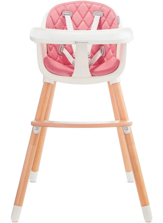 Kinderkraft Highchair Sienna, Baby Chair, Ergonomic, Easy To Clean, Wooden Legs, Non - Slip Pads, Removable Tray, For Toddler, From 6 Month To 5 Years, Pink