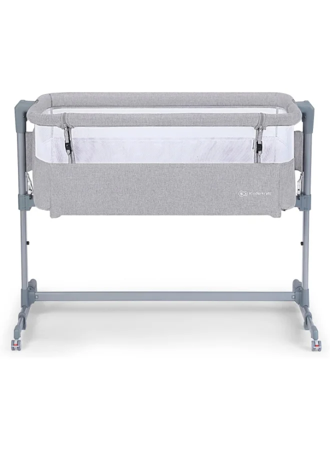 Kinderkraft Bedside Crib Neste Air, Travel Cot, Co - Sleeping Bed, Ajustable Height, Sidewalls With Airy Mesh, Transport Wheels, With Accessories, Cotton Sheet, For Newborn, Up To 6 Month, Grey