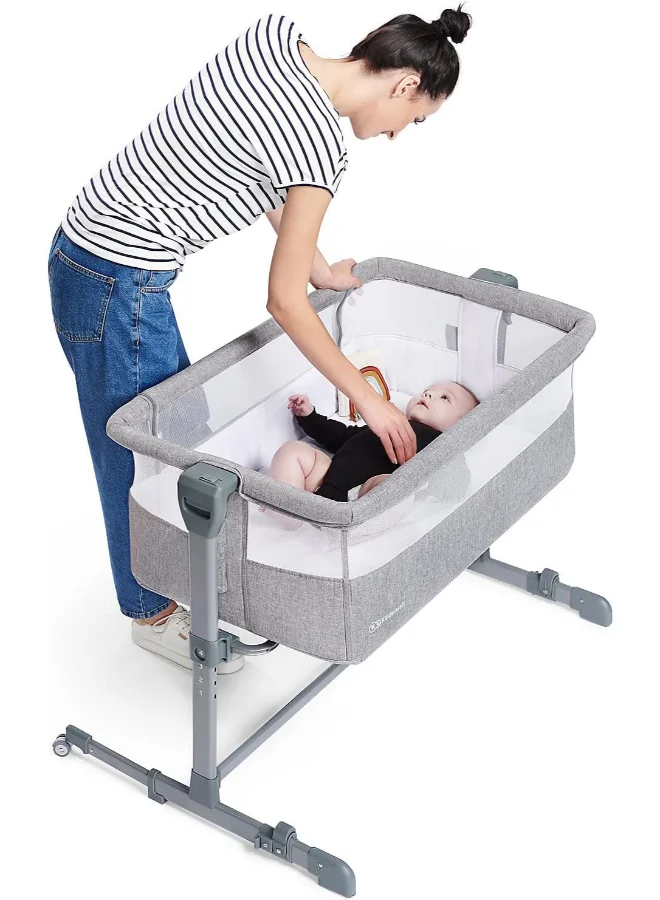 Kinderkraft Bedside Crib Neste Air, Travel Cot, Co - Sleeping Bed, Ajustable Height, Sidewalls With Airy Mesh, Transport Wheels, With Accessories, Cotton Sheet, For Newborn, Up To 6 Month, Grey