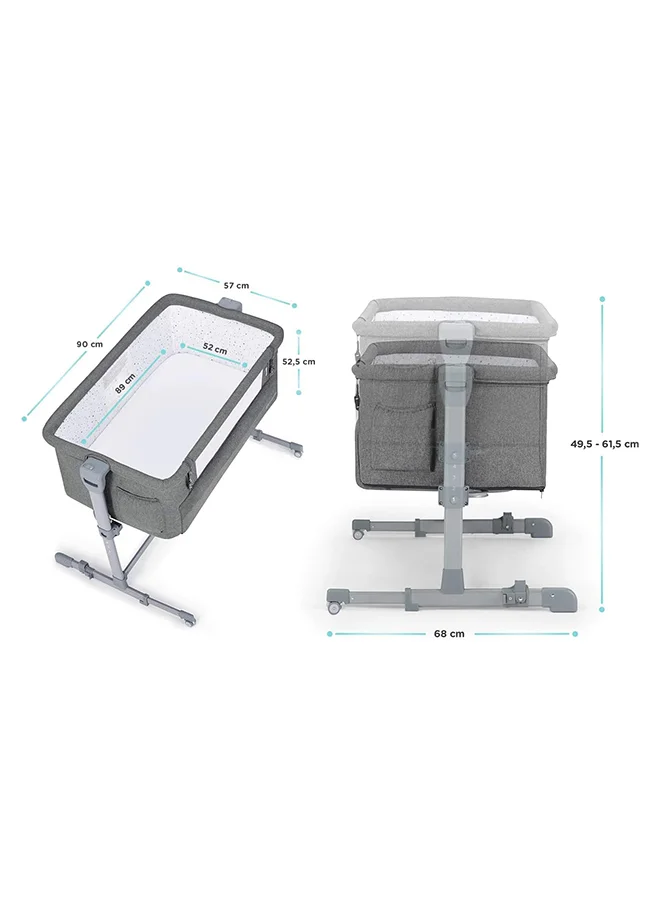 Kinderkraft Bedside Crib Neste Up, Travel Cot, Co - Sleeping Bed, Ajustable Height, Foldable Side Wall, Transport Wheels, With Accessories, Cotton Sheet, For Newborn, 0 - 9 Kg, Up To 6 Month, Melange Grey
