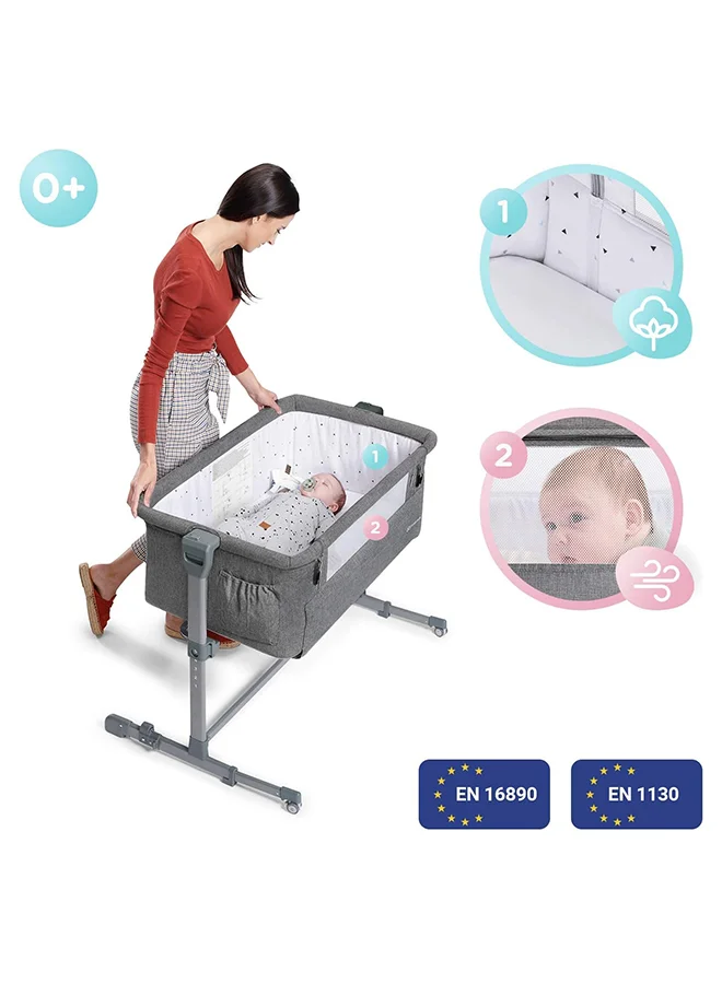 Kinderkraft Bedside Crib Neste Up, Travel Cot, Co - Sleeping Bed, Ajustable Height, Foldable Side Wall, Transport Wheels, With Accessories, Cotton Sheet, For Newborn, 0 - 9 Kg, Up To 6 Month, Melange Grey