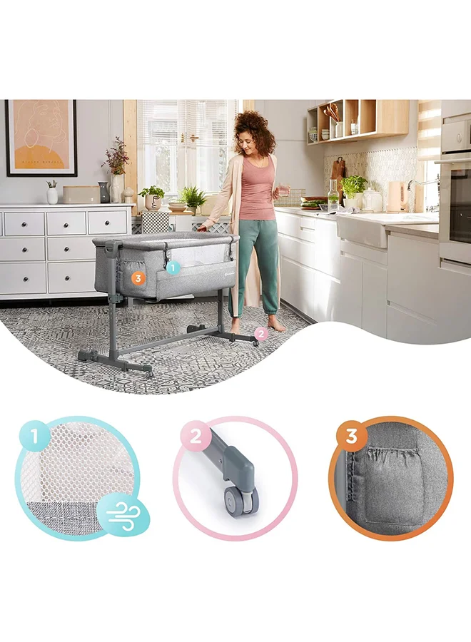 Kinderkraft Bedside Crib Neste Up, Travel Cot, Co - Sleeping Bed, Ajustable Height, Foldable Side Wall, Transport Wheels, With Accessories, Cotton Sheet, For Newborn, 0 - 9 Kg, Up To 6 Month, Melange Grey