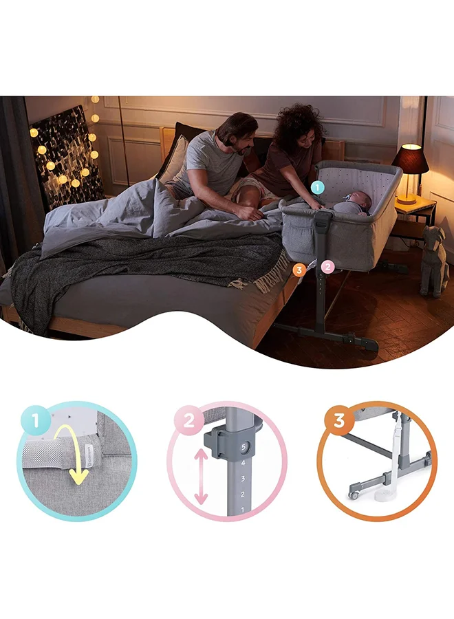 Kinderkraft Bedside Crib Neste Up, Travel Cot, Co - Sleeping Bed, Ajustable Height, Foldable Side Wall, Transport Wheels, With Accessories, Cotton Sheet, For Newborn, 0 - 9 Kg, Up To 6 Month, Melange Grey