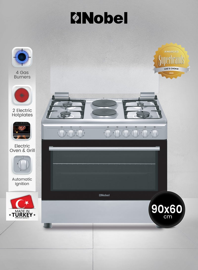 نوبل طباخ كهربائي وغاز 90 × 60، 4 شعلات غاز، 2 طبق تسخين، شواية كهربائية وفرن كهربائي، 9 مقابض تحكم، إشعال تلقائي، غطاء زجاجي، ضوء داخلي، حماية لجهاز فشل اللهب، 89.8 × 60.1 × 88 سم، فضي، مصنوع في تركيا - Image 1