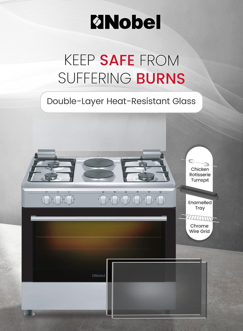 نوبل طباخ كهربائي وغاز 90 × 60، 4 شعلات غاز، 2 طبق تسخين، شواية كهربائية وفرن كهربائي، 9 مقابض تحكم، إشعال تلقائي، غطاء زجاجي، ضوء داخلي، حماية لجهاز فشل اللهب، 89.8 × 60.1 × 88 سم، فضي، مصنوع في تركيا - Image 4